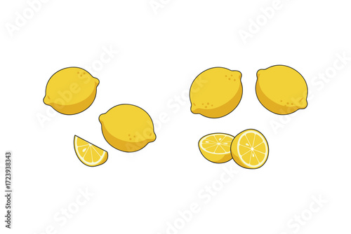 Fresh lemons whole and sliced on white background: minimalist and bright design