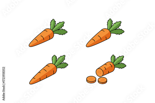 Cartoon carrot set: whole and sliced variations with green leaves