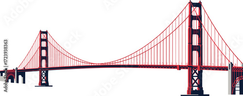 Golden Gate Bridge Vector Illustration in Red with Suspension Cables for San Francisco Travel, Landmark Art, Architecture, and Tourism Design
