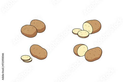 Whole and sliced potatoes on white background