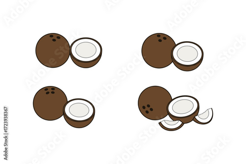 Minimalist coconut set with whole and halved designs on white background