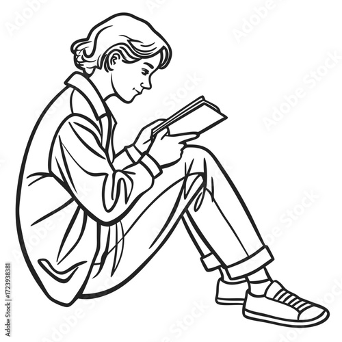 Young person sitting cross legged on the floor engrossed in reading a book