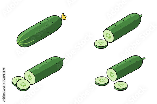 Various views of fresh cucumbers with slices and whole green vegetables
