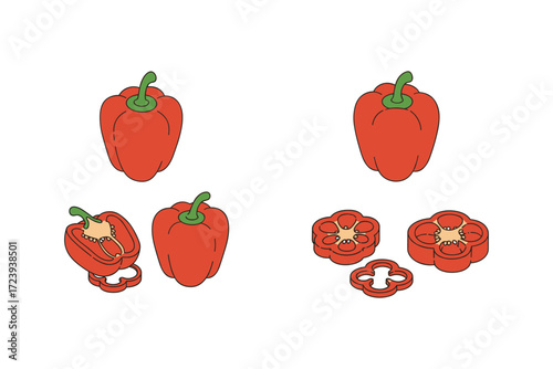 Red bell pepper whole and sliced: simple cartoon vegetable design