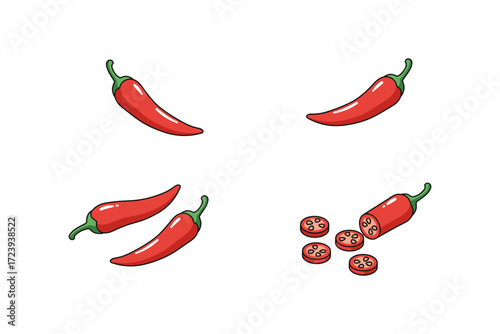 Red chili peppers with halved and sliced variations on white background