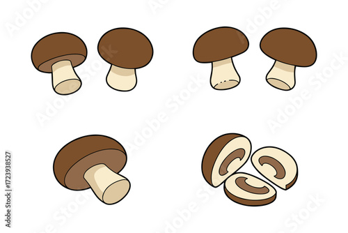 Cartoon mushroom collection with whole and sliced varieties in simple style
