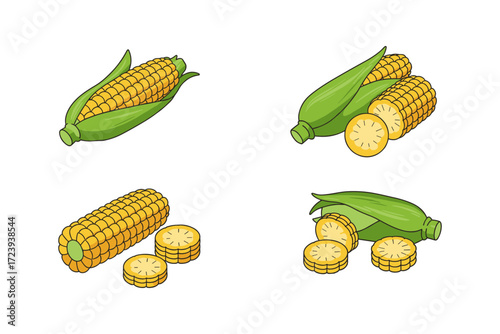 Colorful cartoon corn cobs with leaves and slices on white background
