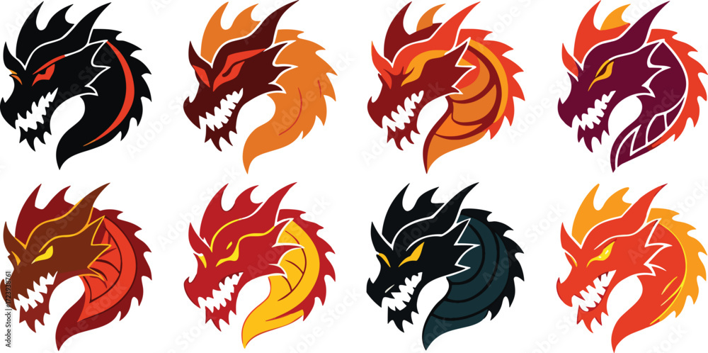 Fototapeta premium Dragon Head Icon Set Vector, Fierce Dragon Outline, Mythical Dragon Logo, Dragon Head Silhouette, Fantasy Creature Emblem