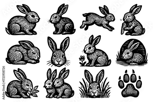 Vintage rabbit collection in monochrome woodcut style