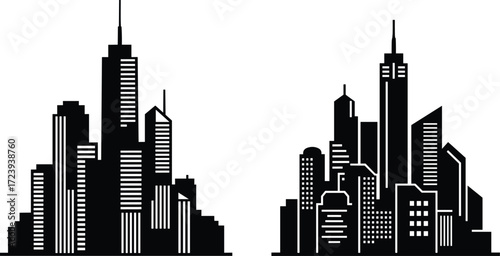 Modern black and white city skyline silhouette with tall skyscrapers, urban architecture buildings, downtown cityscape design vector illustration for background