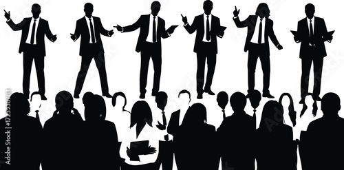 Business conference presentation silhouettes with speaker on stage, audience listening, corporate meeting, leadership communication, seminar discussion, teamwork learning concept