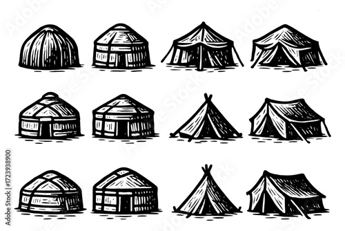 Rustic hand drawn set of various camping tents and yurts in ink style