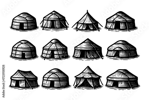 Hand drawn traditional tent collection: yurt and teepee designs in black and white