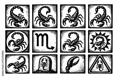 Rustic scorpion zodiac symbols - vintage black and white linocut style