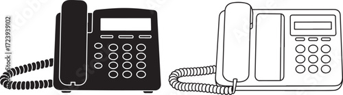 Two office telephones in silhouette and line art style