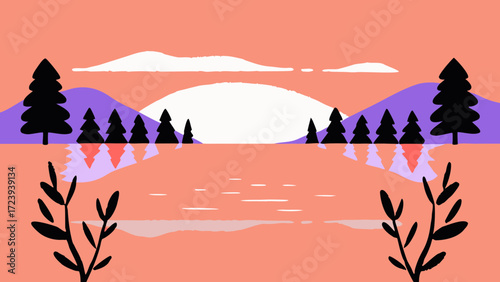 Stylized illustration of a serene landscape at sunset with a large sun, purple mountains, silhouetted pine trees, and calm water reflecting the scene, evoking a sense of peace and natural beauty