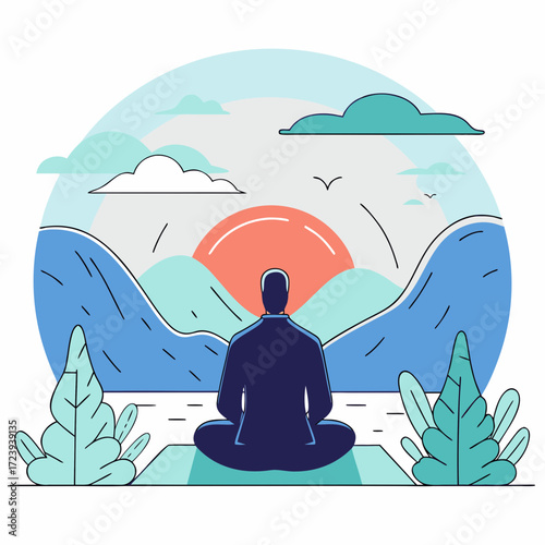 Person meditating in lotus position facing sunrise over mountains and water, symbolizing peace and mindfulness