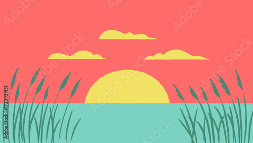 Stylized illustration of a sunset over water with reeds in the foreground, featuring a minimalist, flat design aesthetic with a vibrant coral sky and turquoise water