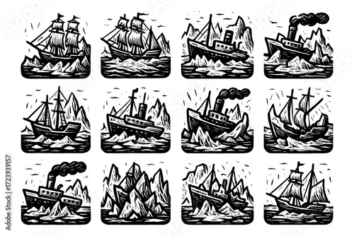 Vintage nautical ship and ocean art in retro woodcut style