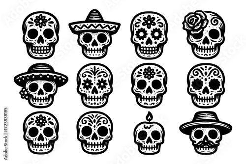 Traditional sugar skulls: intricate black and white day of the dead designs