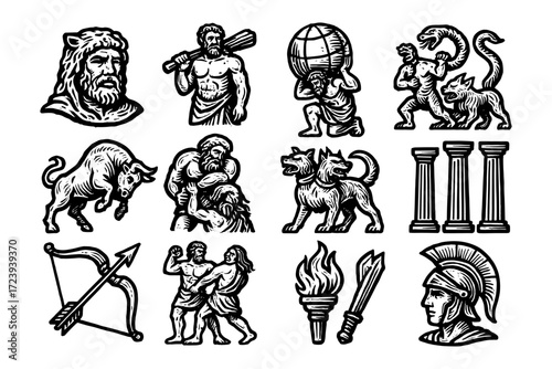 Mythical greek heroes and creatures in vintage engraving style