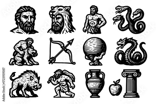 Classic greek mythology icon set with heroes, creatures, and artifacts in woodcut style