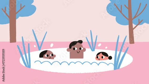 A cute, simple illustration of three people with only their heads visible, enjoying a refreshing dip in a body of water surrounded by nature