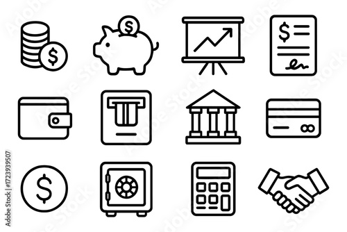 Finance icons set: banking, savings, payment elements in linear style