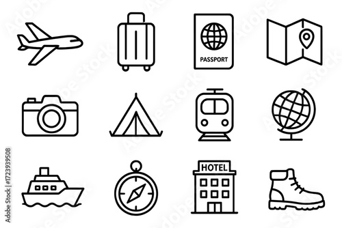 Travel icons: essential outline symbols for adventure and exploration