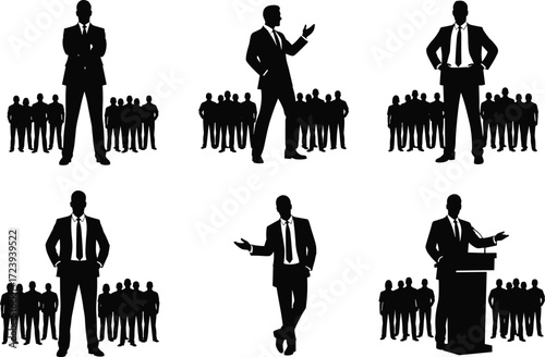 Business leadership silhouettes with team, manager presenting, corporate communication, teamwork success, office people, professional presentation, executive authority concept vector