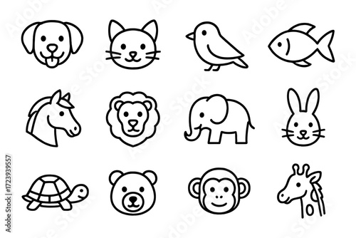 Cute animal icons: adorable outline collection of pets and wildlife