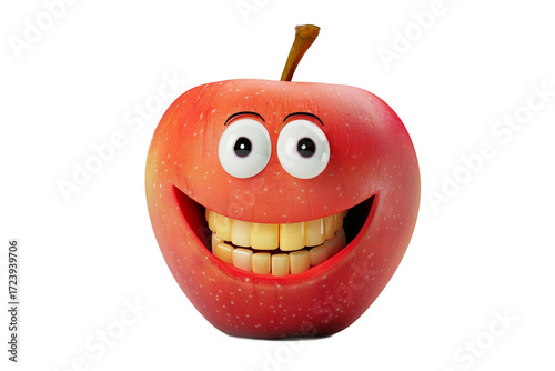Vibrant and Cheerful Cartoon Red Apple Character with a Wide, Toothed Smile