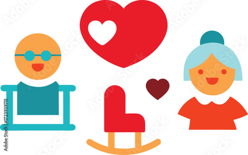 Grandparents day icons collection vector illustration with rocking chair and hearts vector