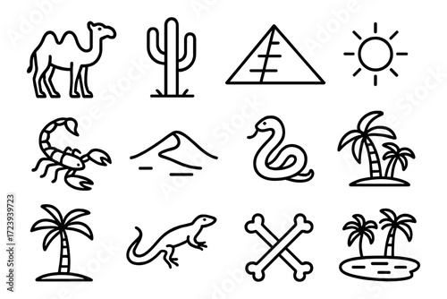Desert theme: outline icons of wildlife and nature elements