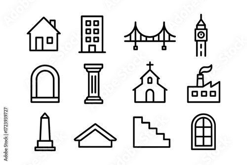Minimalist linear icons of architectural structures and landmarks