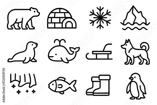 Winter icons: arctic animals, igloo, snowflake, and more in linear style