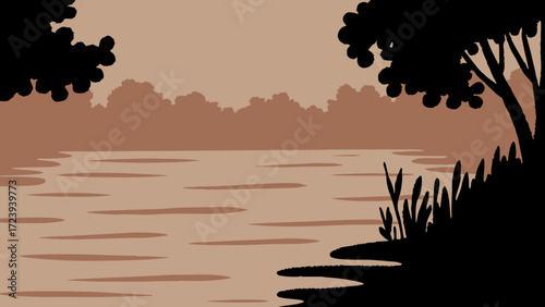 A serene landscape illustration featuring a calm river flowing through a forest with silhouetted trees and reeds along the bank, rendered in a muted brown color palette