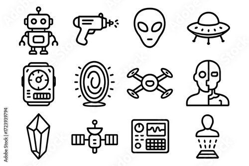 Futuristic science and technology icons featuring robots, aliens, and gadgets in linear style