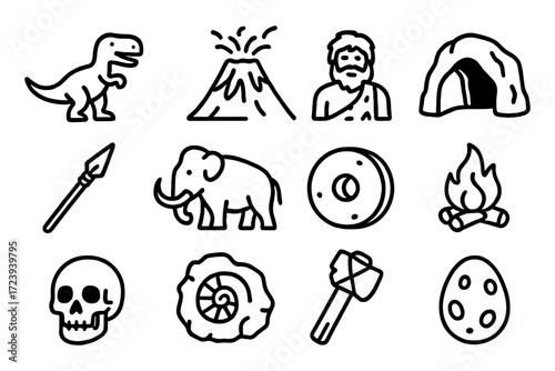 Prehistoric icons: dinosaurs, volcanoes, cavemen, and more in bold line art