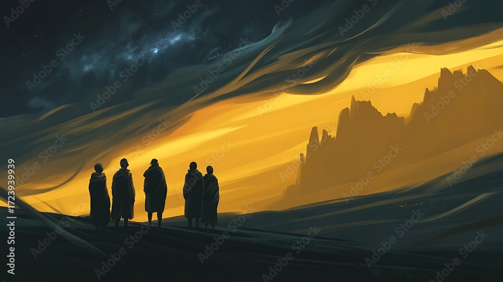 Fototapeta premium A group of figures standing together on a landscape looking towards a mountainous horizon under a dramatic colorful sky at sunset