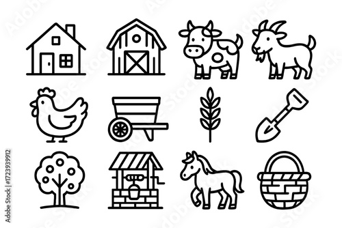 Farm animal and tool icons: simple black outline collection for rural designs