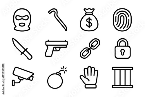 Crime and security icons set featuring weapons, money, and surveillance in black linear style