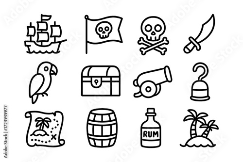 Pirate adventure icons set featuring skulls, treasure, and ships in a bold outline style