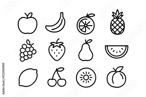 Minimalist fruit icons set featuring popular fruits in linear style