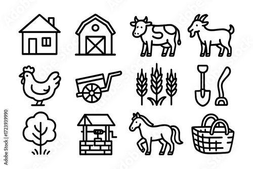 Linear farm icons set featuring animals, tools, and barn elements
