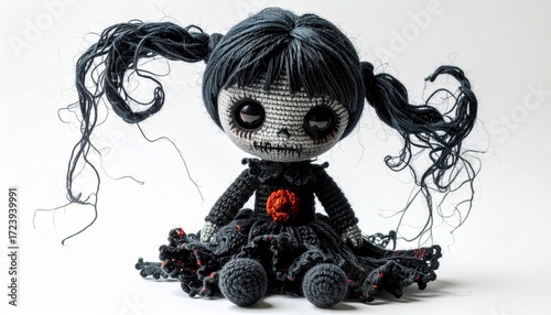 Creepy Gothic Doll with Black Dress and Red Accent on White Background