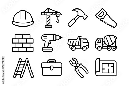 Construction tools and equipment icons in simple line style