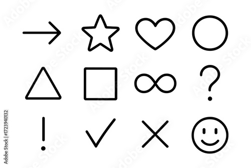 Minimalist black outline icons set with various geometric shapes and symbols