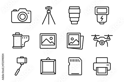 Photography equipment icons set in minimalist linear style
