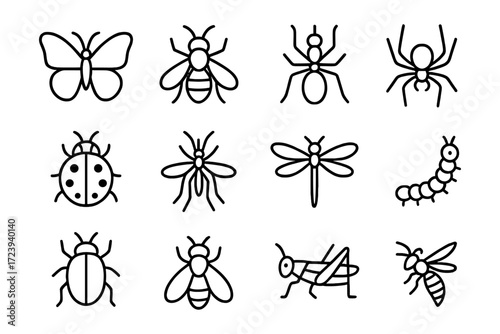 Minimalist black and white line art of insects featuring bees and butterflies